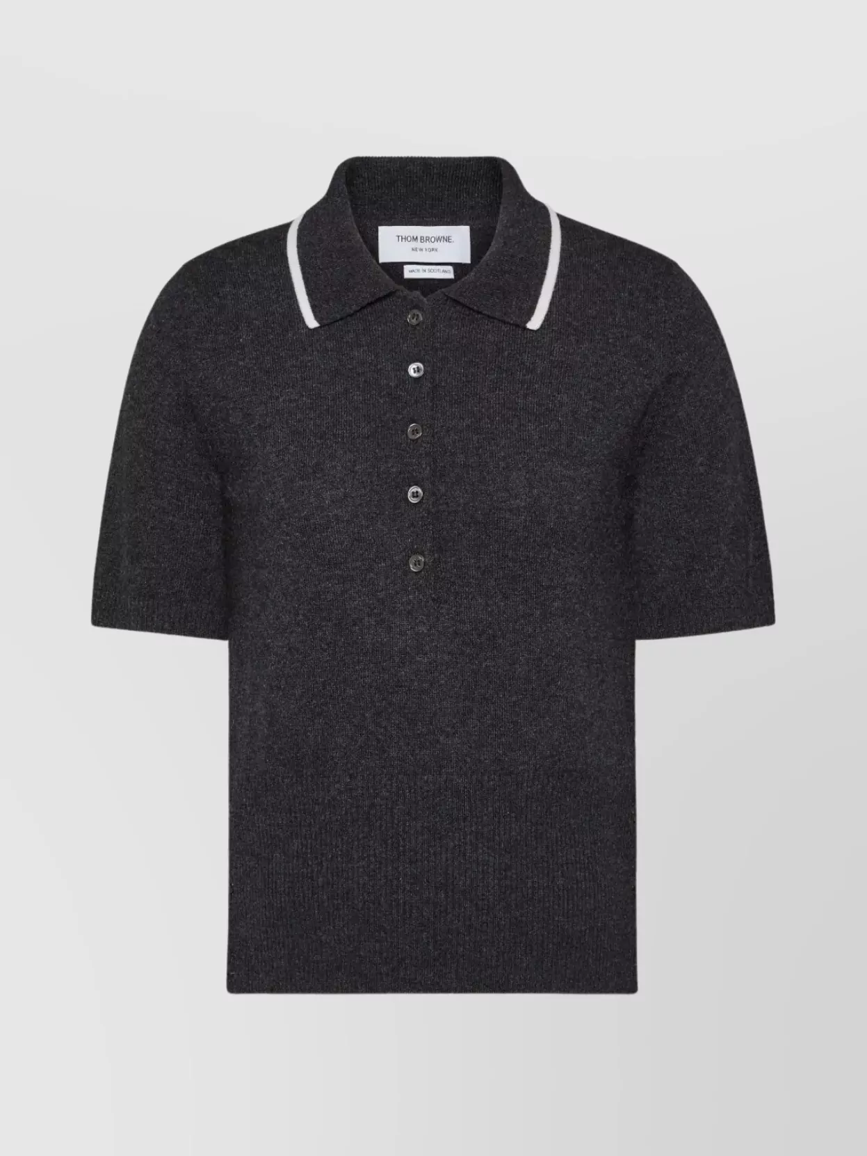 Thom Browne Cashmere Short Sleeve Polo With Ribbed Hem In Black