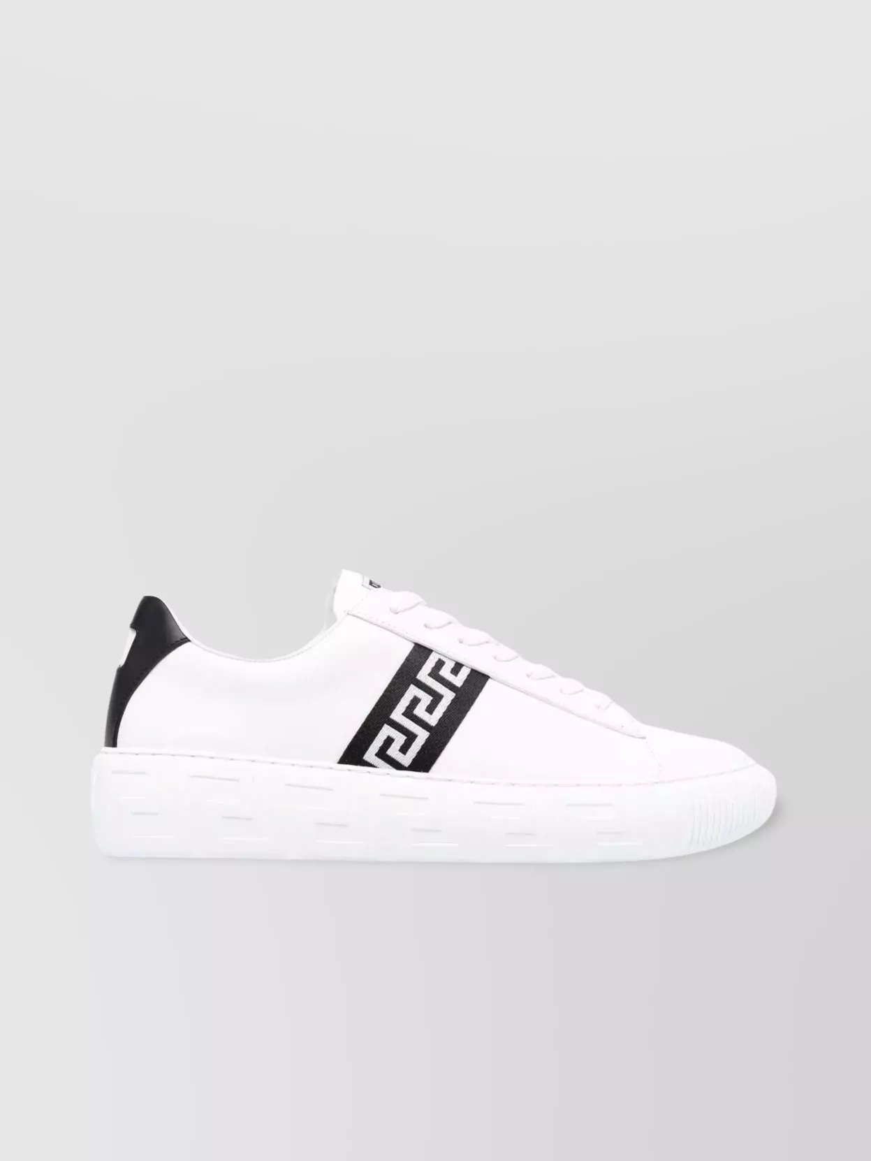 Shop Versace Greek Motif Round Toe Sneakers In White