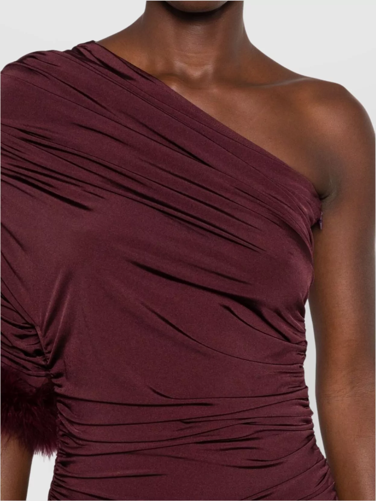 Mugler One Shoulder Feather Trim Ruched Midi Dress In Brown