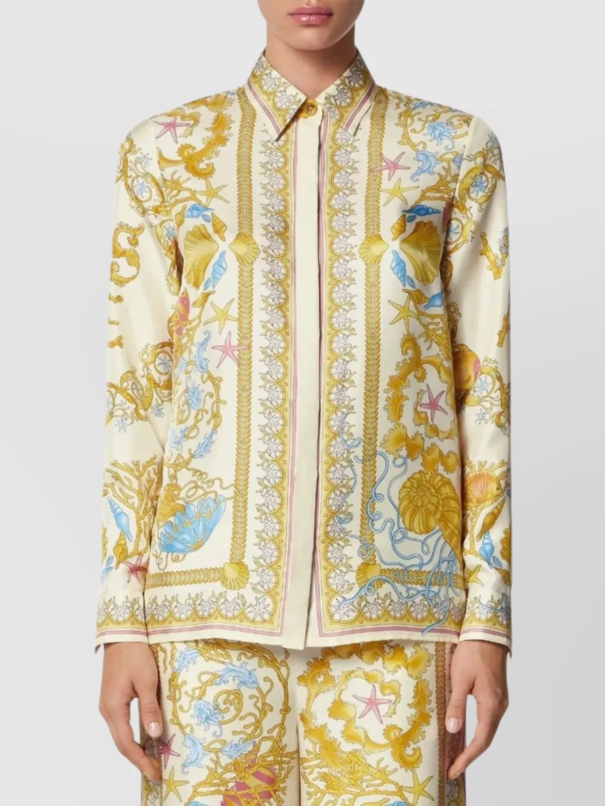 Versace Long Sleeve Printed Top With Decorative Trim