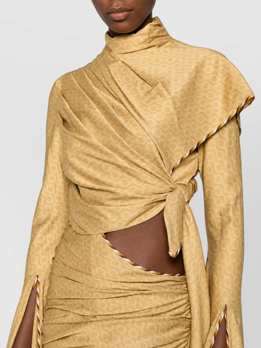 Zimmermann Silk Printed High-Neck Draped Asymmetric Cutout Ruched Long-Sleeve Midi Dress