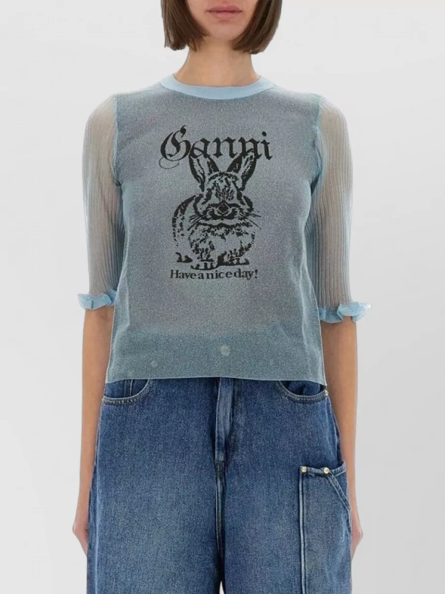 Ganni Metallic knit three quarter sleeve top