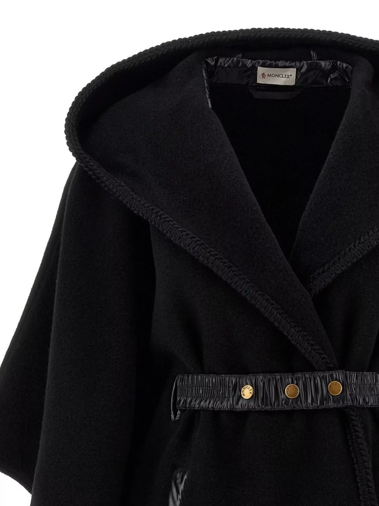 Moncler Hooded Cape With Belted Waist And Fringed Hem
