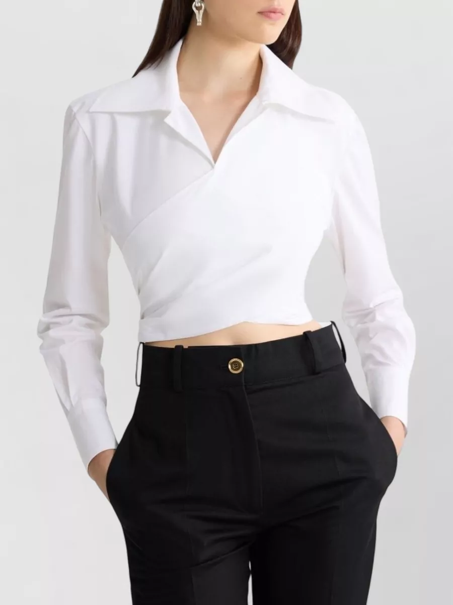 Patou Cotton Collared Long-Sleeve Knotted Cutout Blouse