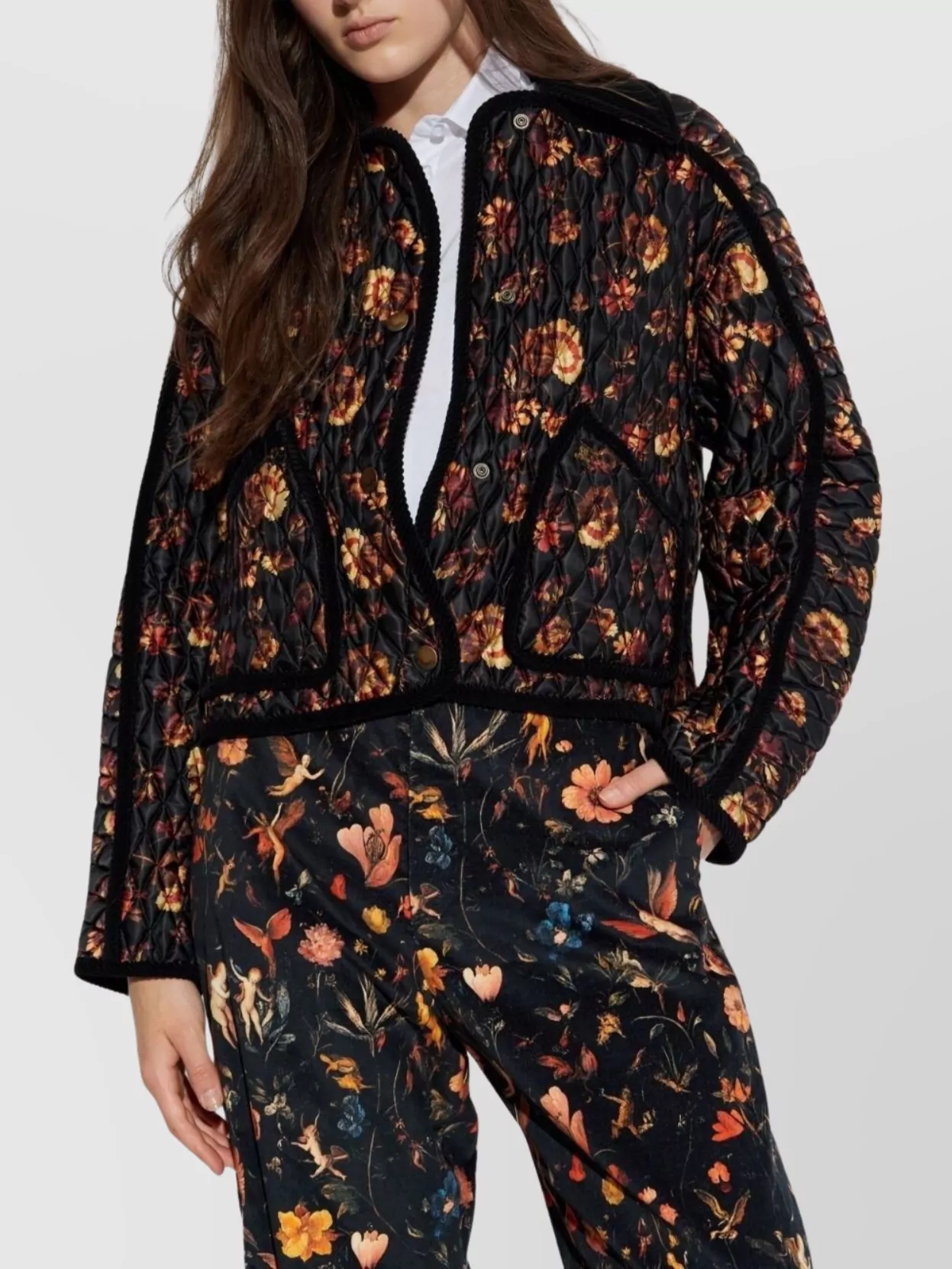 Burberry Floral Quilted Nylon Jacket With Corduroy Collar In Black