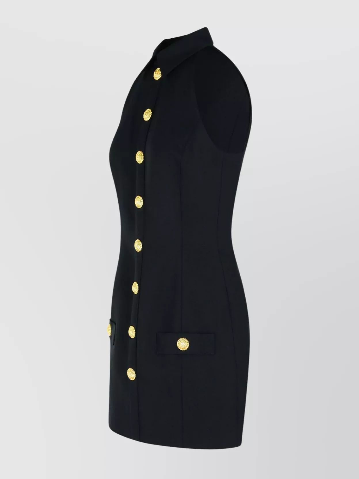 Balmain Black Dress With Pointed Collar And Logo Buttons On The Front In Wool Woman