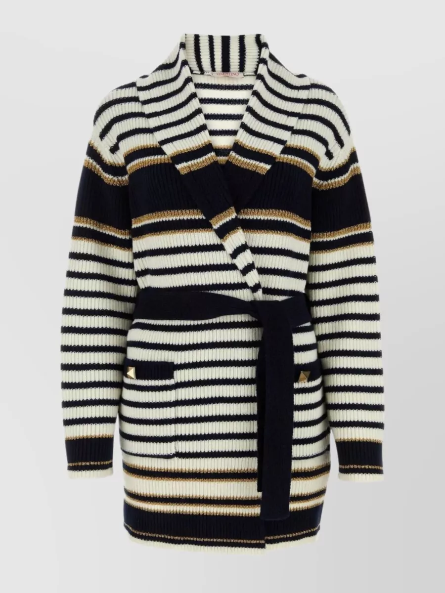 Shop Valentino Wool Cardigan Featuring Embroidery And Belt In Black