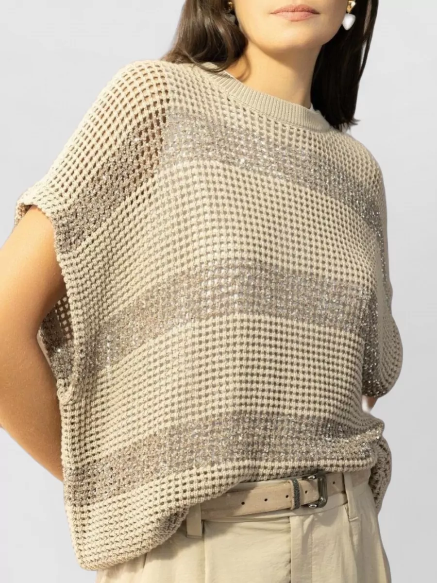 Brunello Cucinelli Striped Open-Knit Short-Sleeve Cotton Sweater