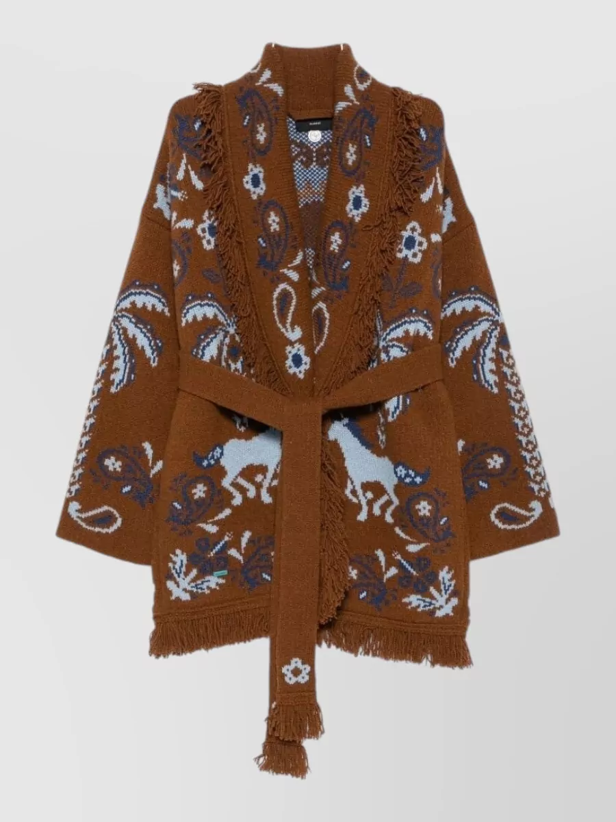 Alanui wool cashmere belted fringed jacquard cardigan