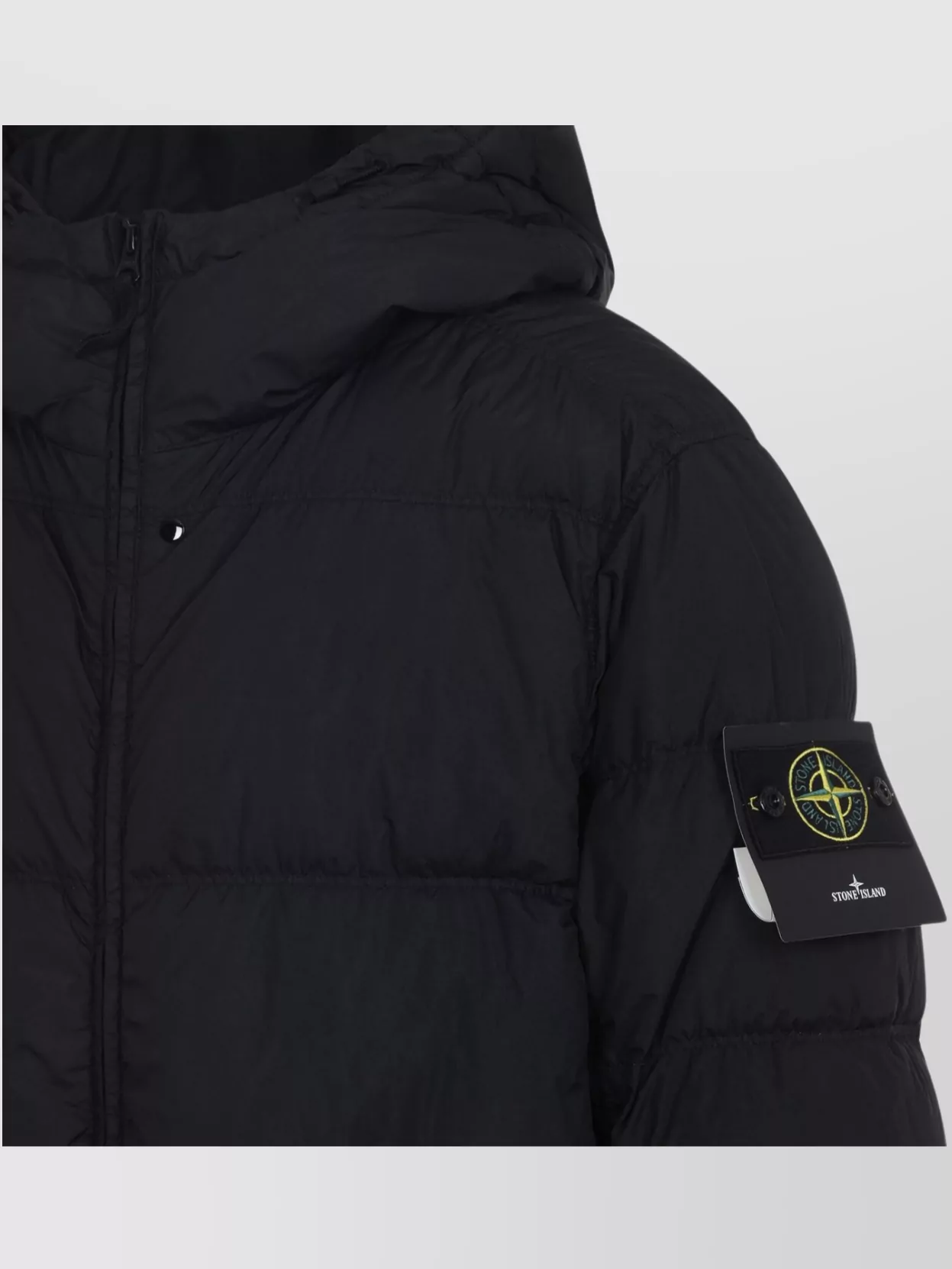 Stone Island Blue Down Jacket With Drawstring Hood And Logo Patch On The Sleeve In Tech Fabric Man In Black