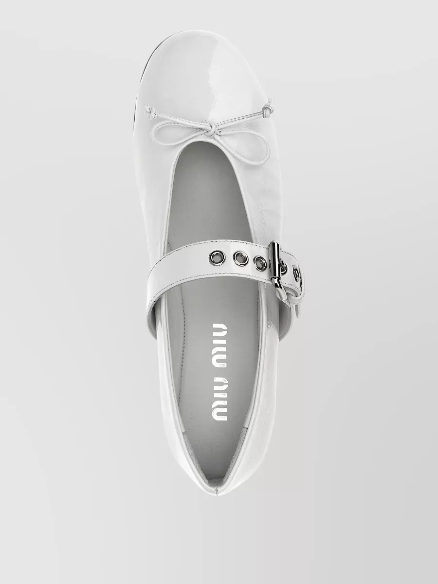 Miu Miu Patent Leather Buckle And Bow Ballerina Shoes
