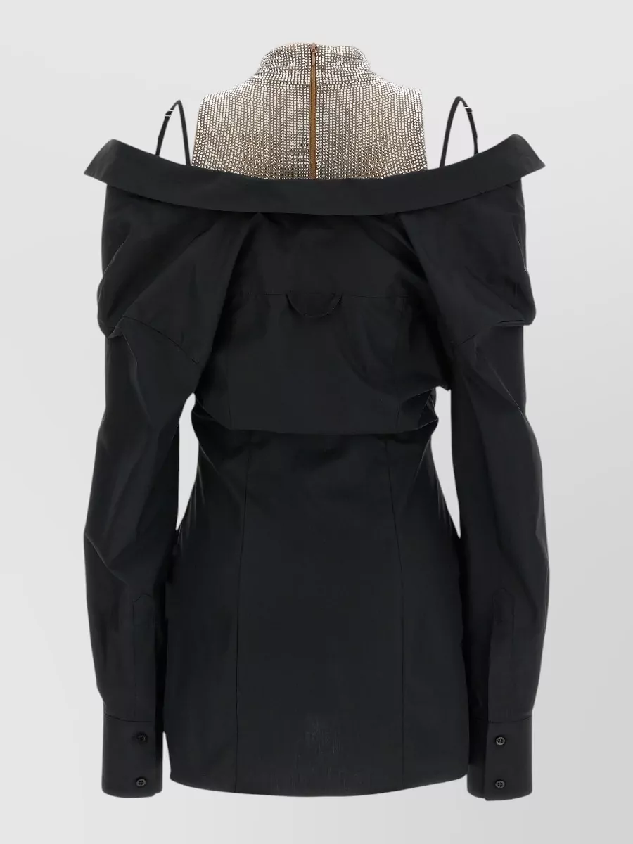 Giuseppe Di Morabito Cotton Rhinestone Appliqué High-Neck Cropped Mini Chemisier Dress