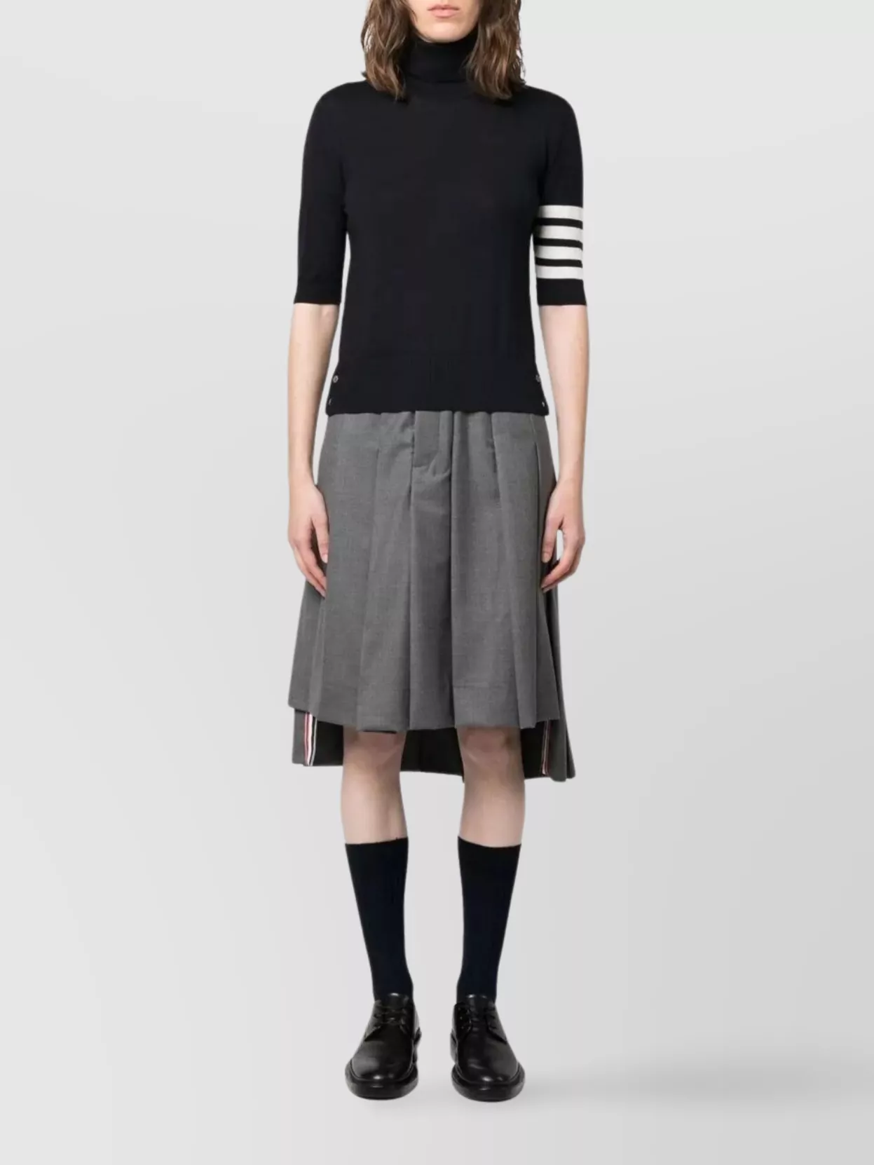 Thom Browne Black Short Sleeve Sweater With 4-bar Detail In Wool Woman In Black