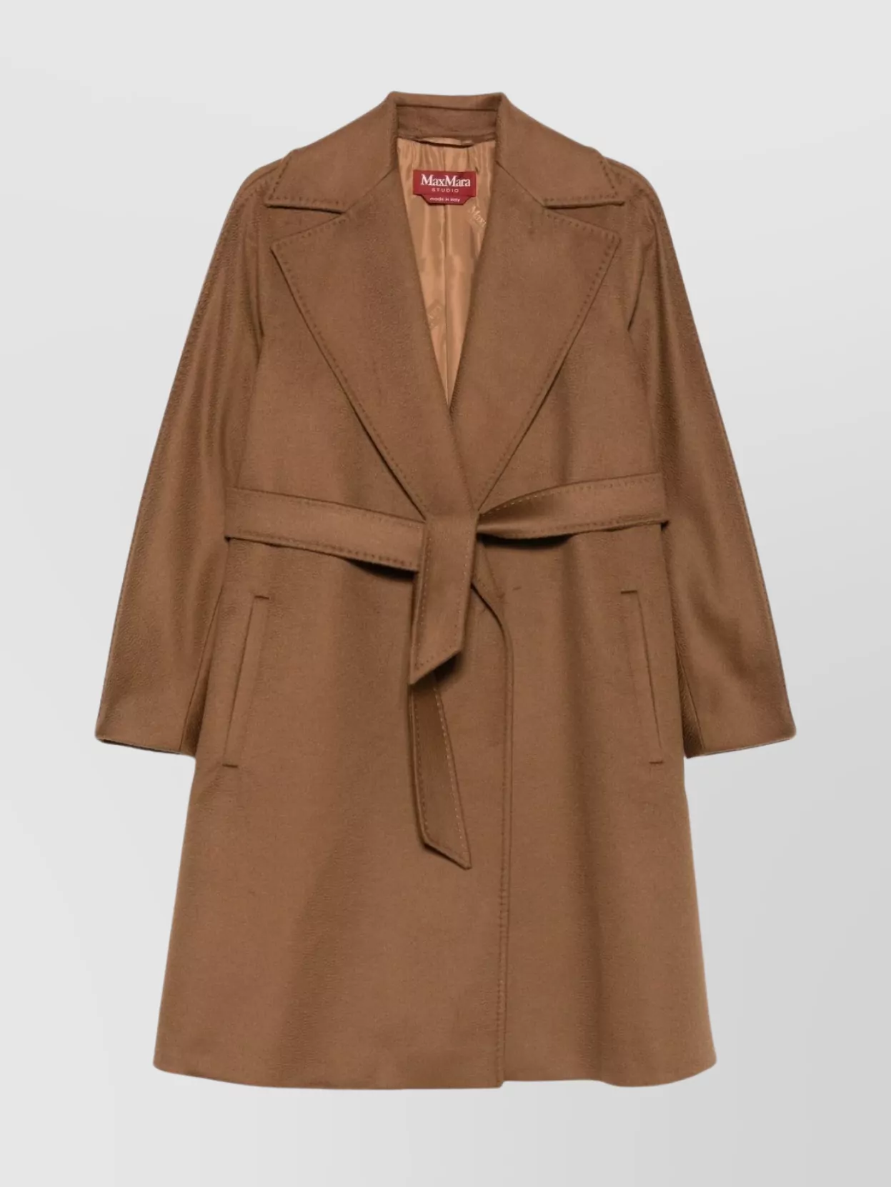 Max Mara Collar Coat With Belted Waist And Pockets In Brown
