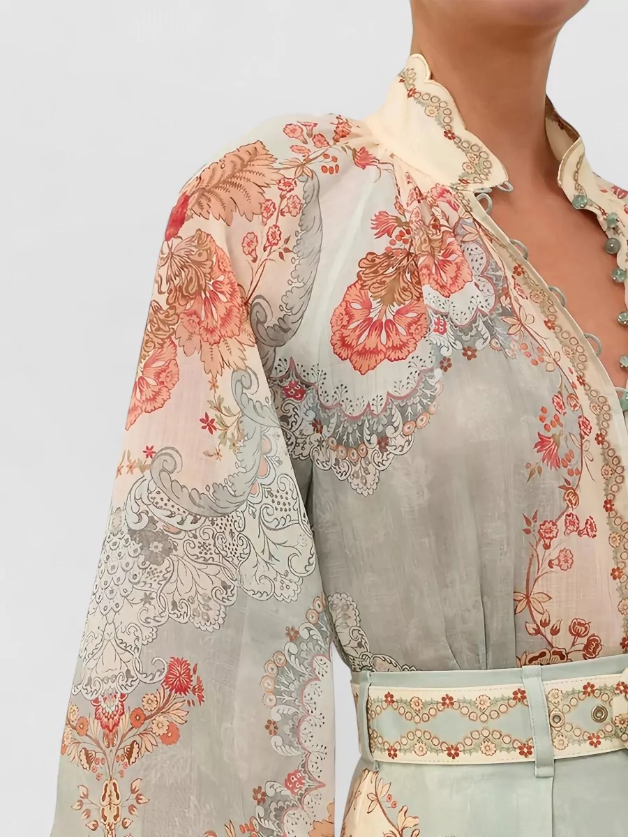 Zimmermann Floral-Print High-Neck Long-Sleeve Blouse