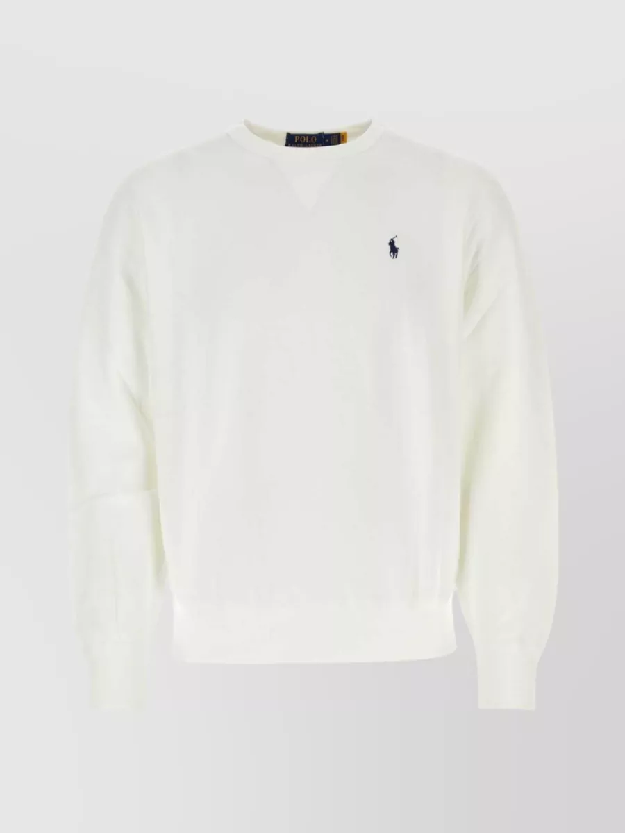 Shop Polo Ralph Lauren Oversize V-neck Sweatshirt With Ribbed Cuffs And Hem In Cream