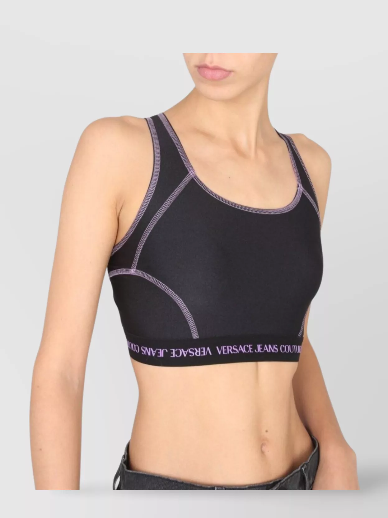 Versace Jeans Couture Logo Band Crop Top With Contrast Stitching In Black