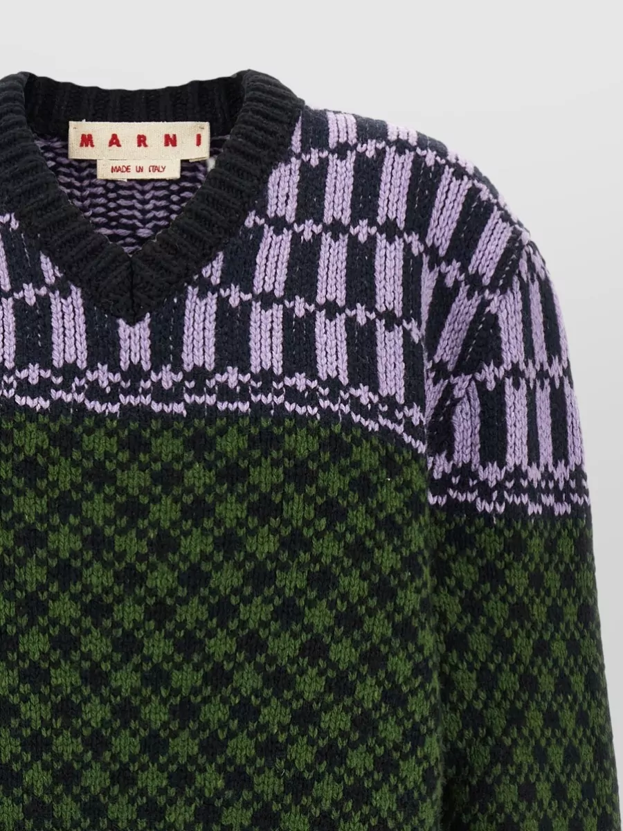 Marni Geometric Jacquard V-Neck Wool Sweater