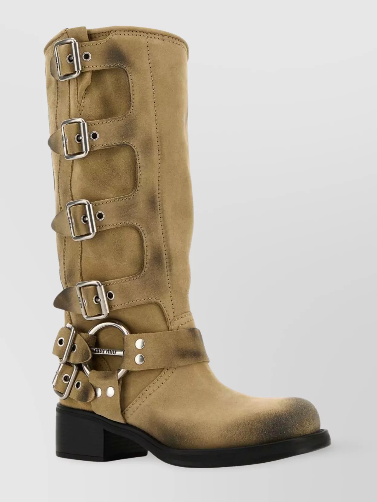Miu Miu Suede Block Heel Mid-calf Boots With Buckle Straps