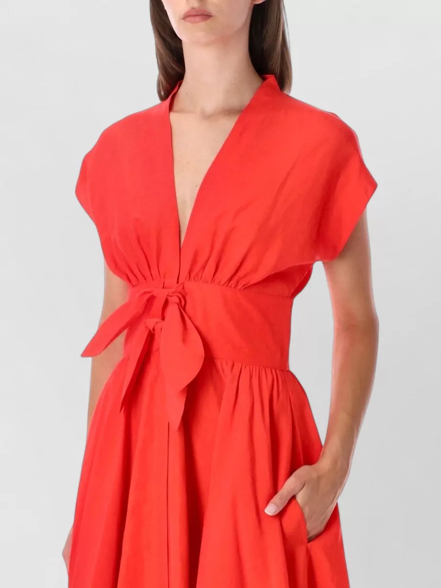Alaïa Linen Blend V-Neck Cap-Sleeve Belted Midi Dress