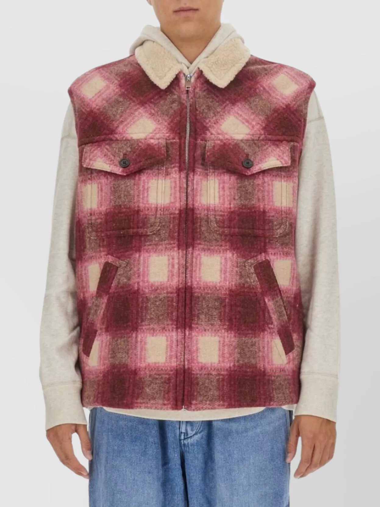 Isabel Marant Checkered Shearling Collar Jacket With Buttoned Pockets