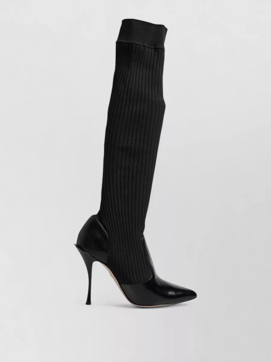Dolce&Gabbana Leather Ribbed Knit Knee-High Boots