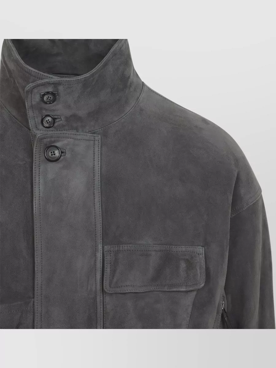 Giorgio Armani Suede Leather High-Neck Long-Sleeve Blouson Jacket