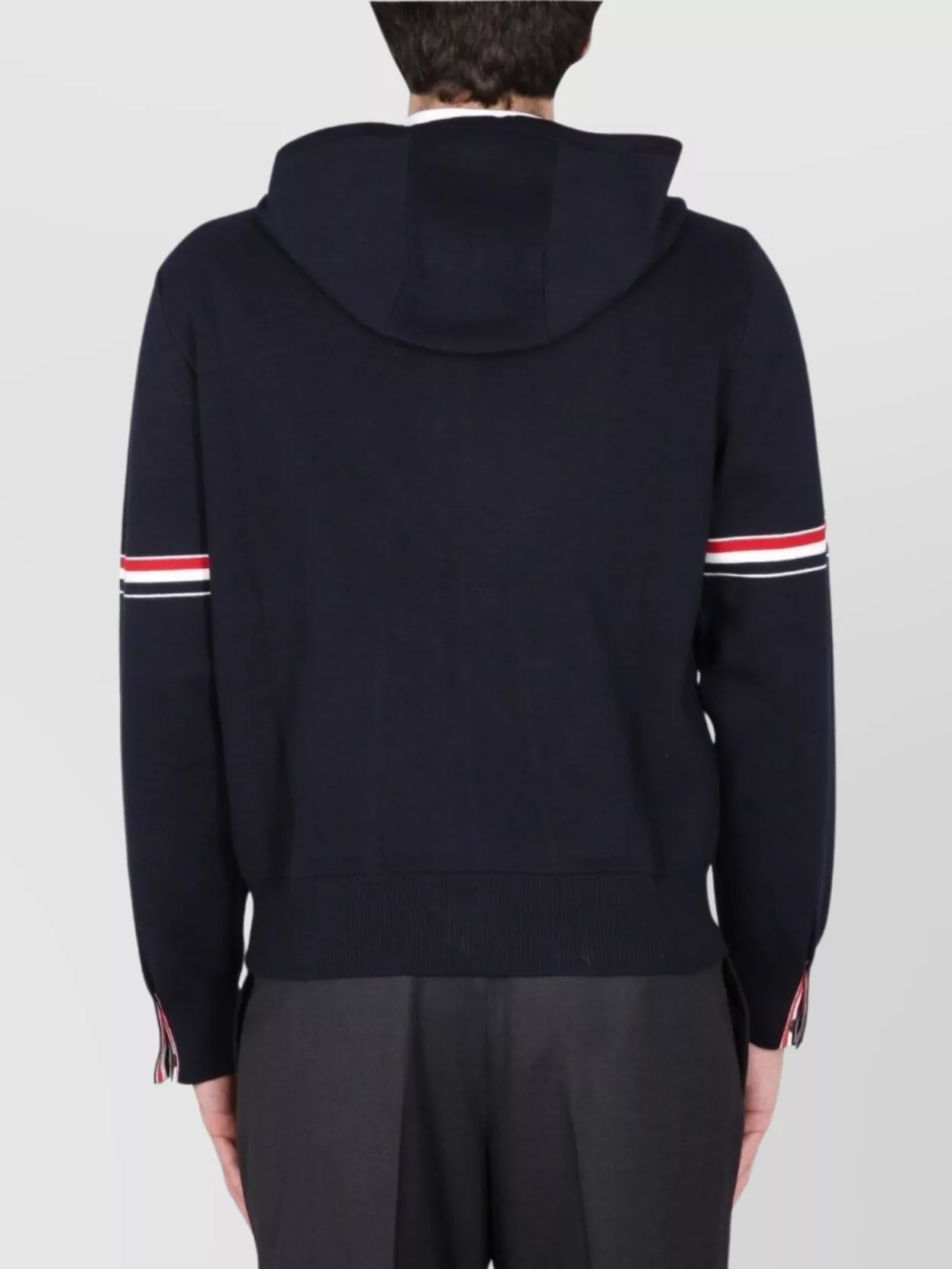 Thom Browne Navy Blue Cashmere Hooded Jacket With Ribbed Cuffs