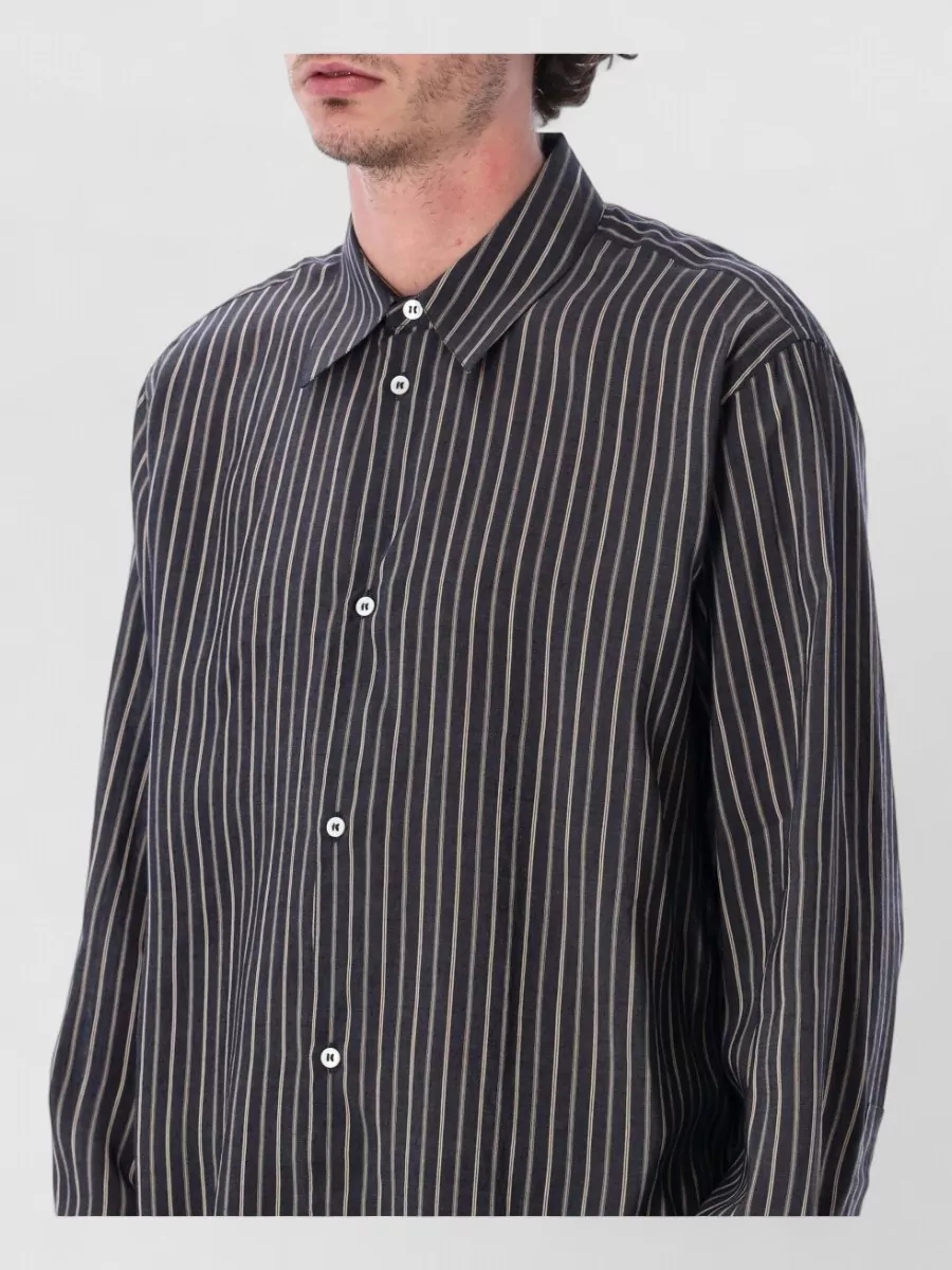Studio Nicholson Silk Blend Striped Relaxed Fit Long Sleeve Shirt