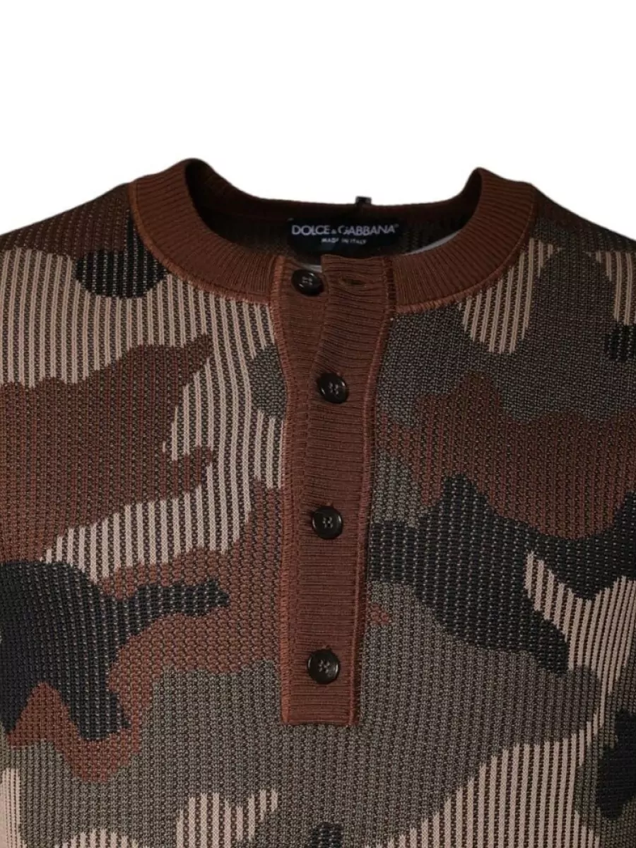 Dolce&Gabbana Silk Camouflage Ribbed Long-Sleeve Pullover