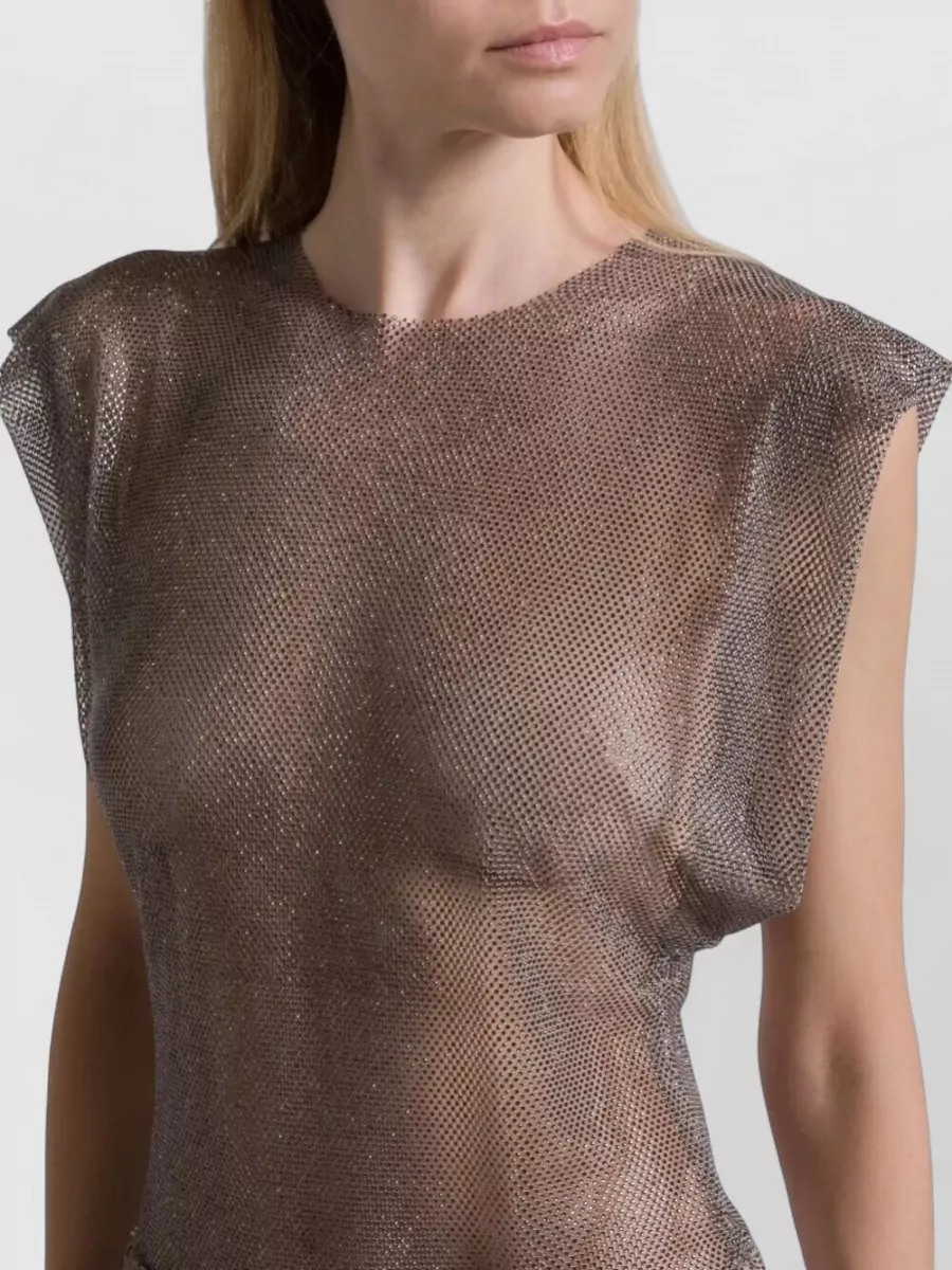 Alberta Ferretti Crystal Mesh Round Neck Cap Sleeve Top