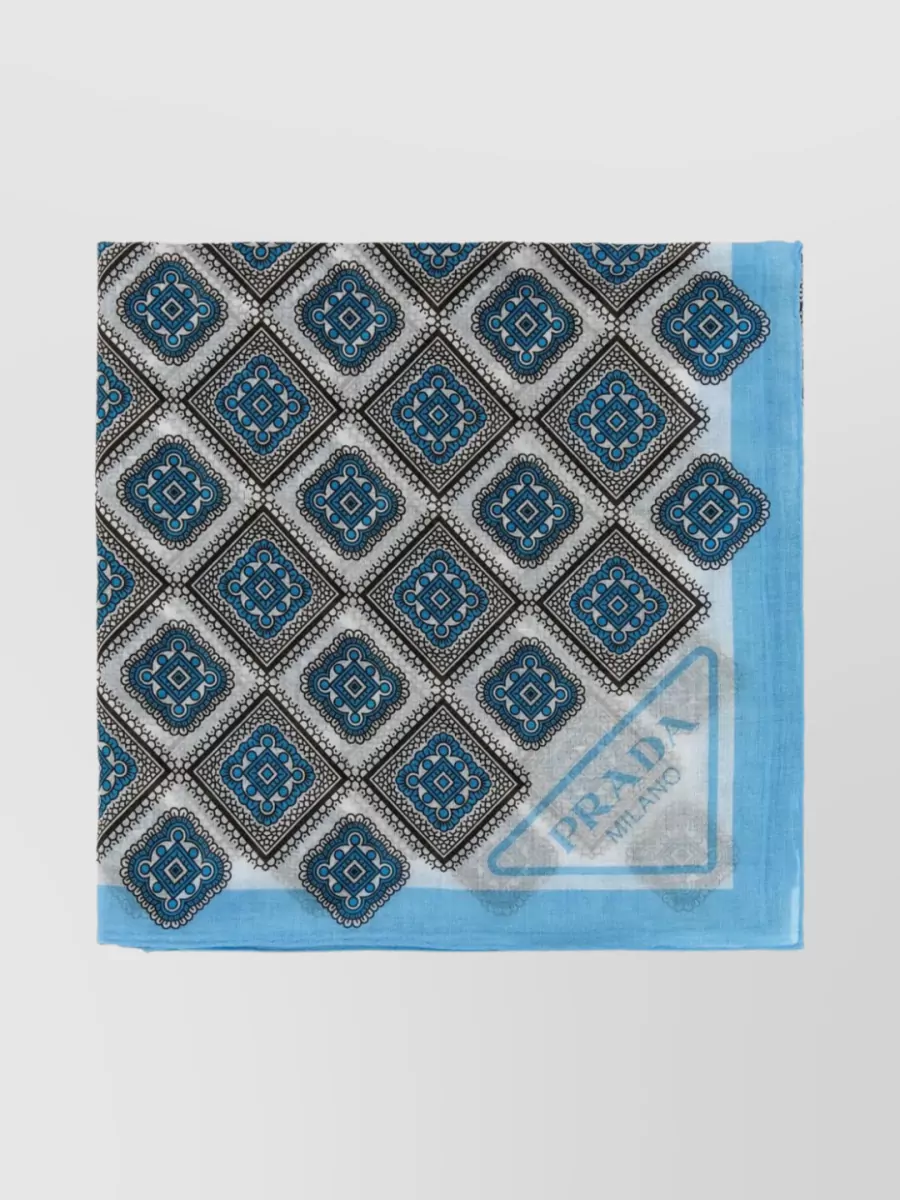 Shop Prada Geometric Print Cotton Scarf With Fringed Edges In Grey
