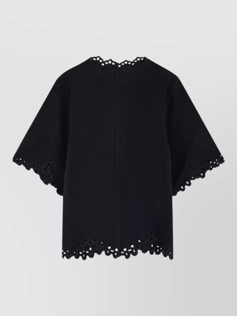 Isabel Marant Etoile Top V Neck Embroidered Scalloped Hem Short Sleeves