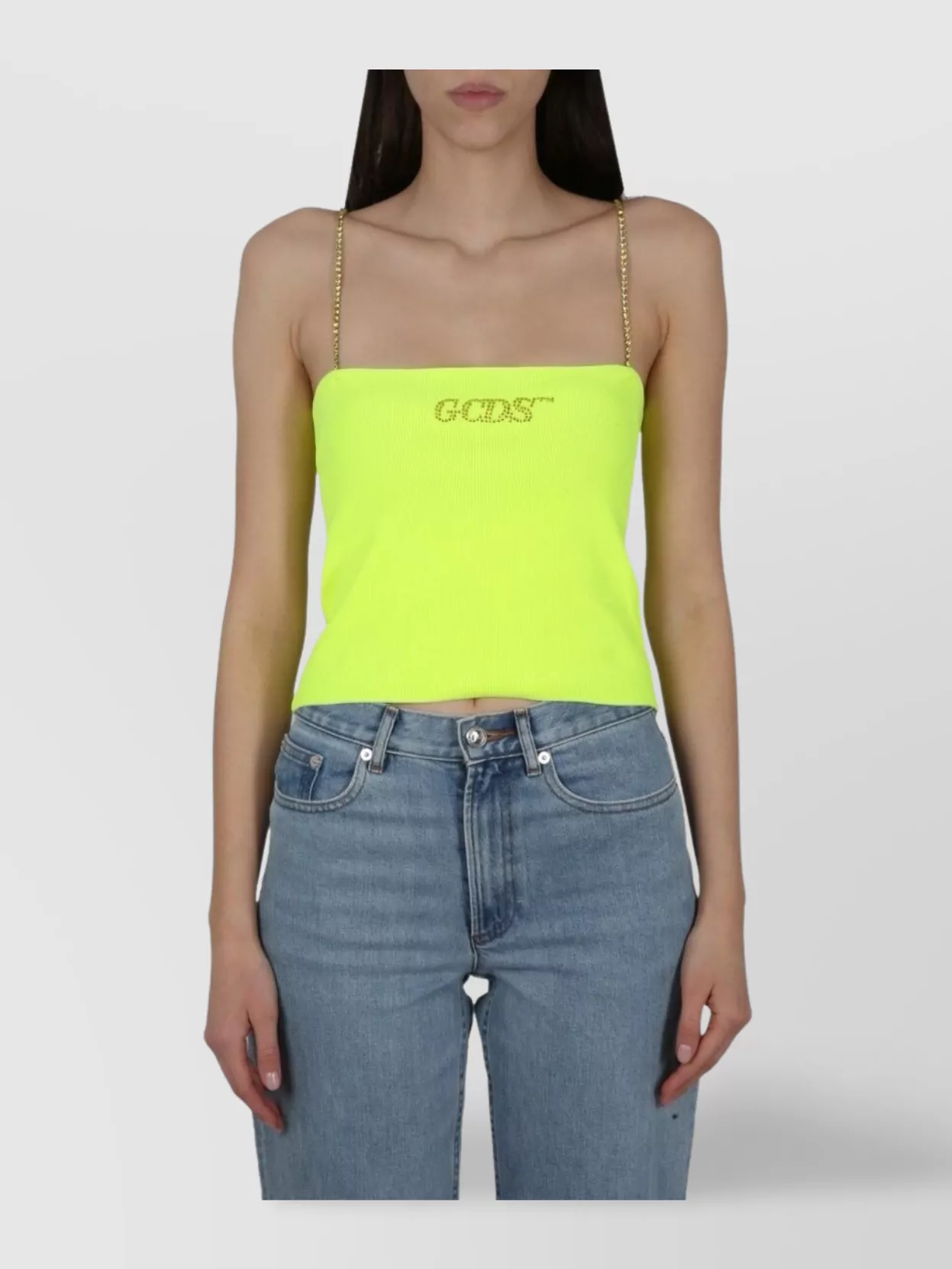 Gcds Crystals Cropped Ribbed Spaghetti Straps