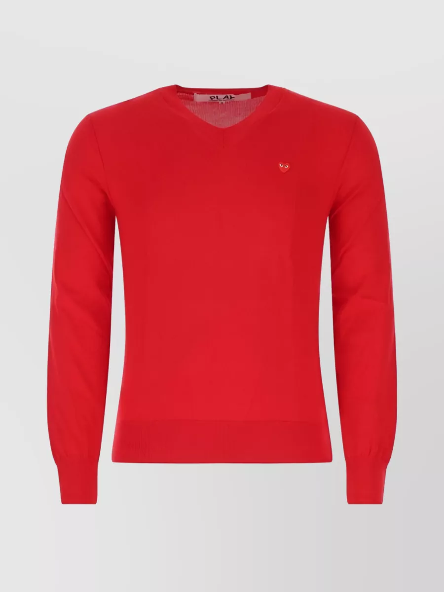Shop Comme Des Garçons Play Embroidered Logo V-neck Cotton Sweater In Red