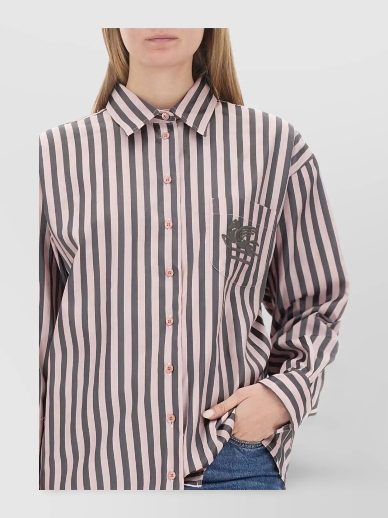 Etro Boyfriend Awning Striped Shirt With Logo Embroidery In Pink