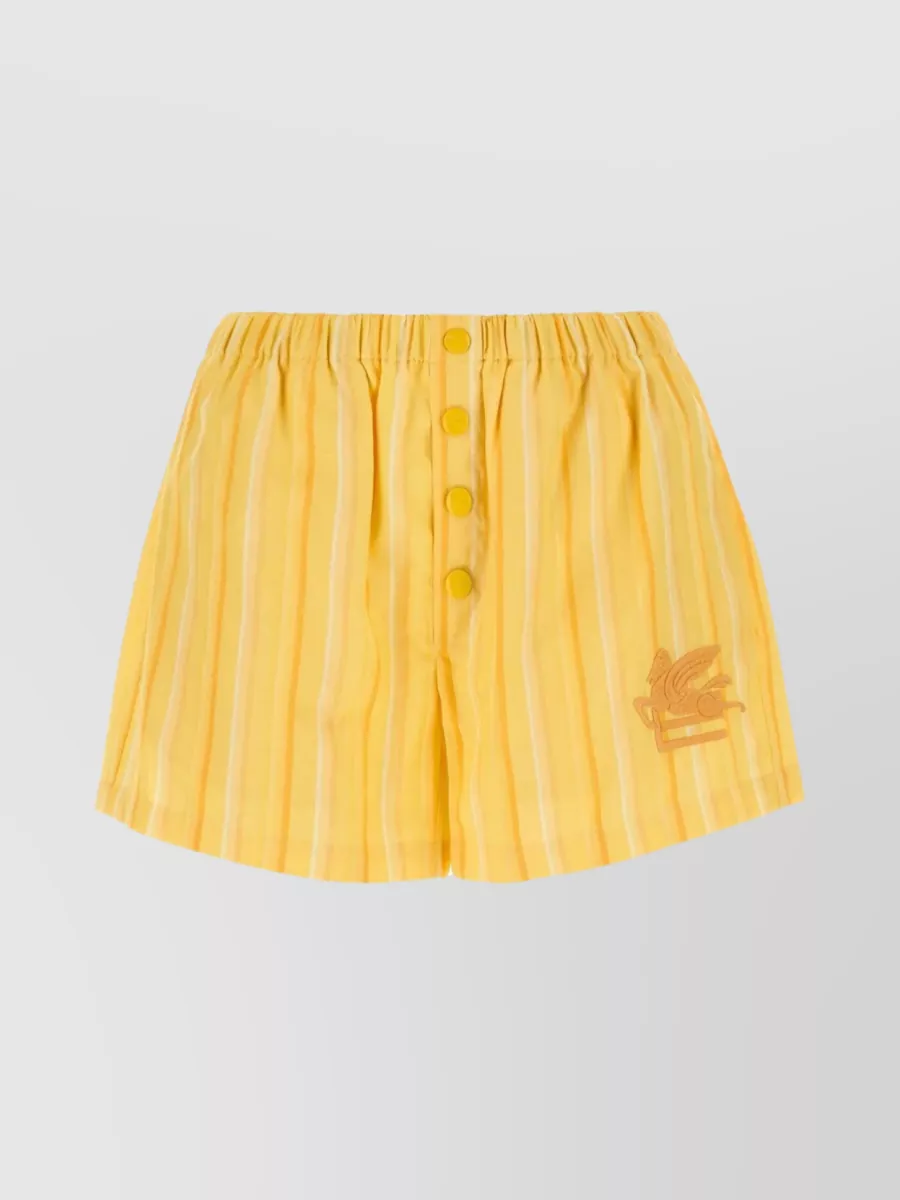 Etro Striped Embroidery Cotton Blend Shorts In Yellow