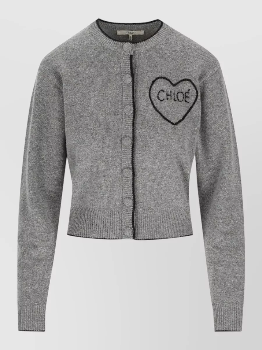 Chloé Logo Cardigan Contrast Trims Rib Knit