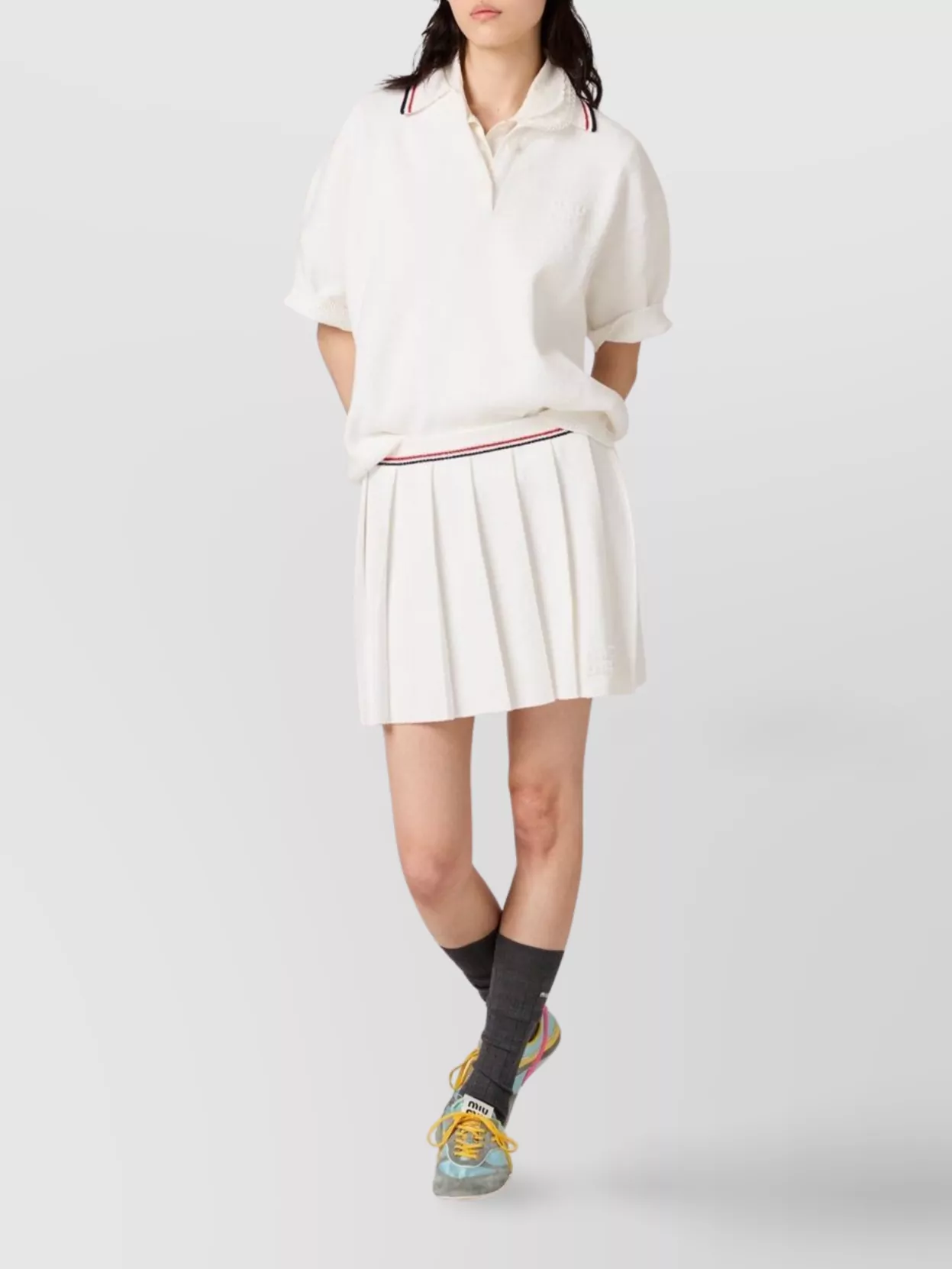 Miu Miu Striped Collar Polo Ribbed Short Sleeves In White
