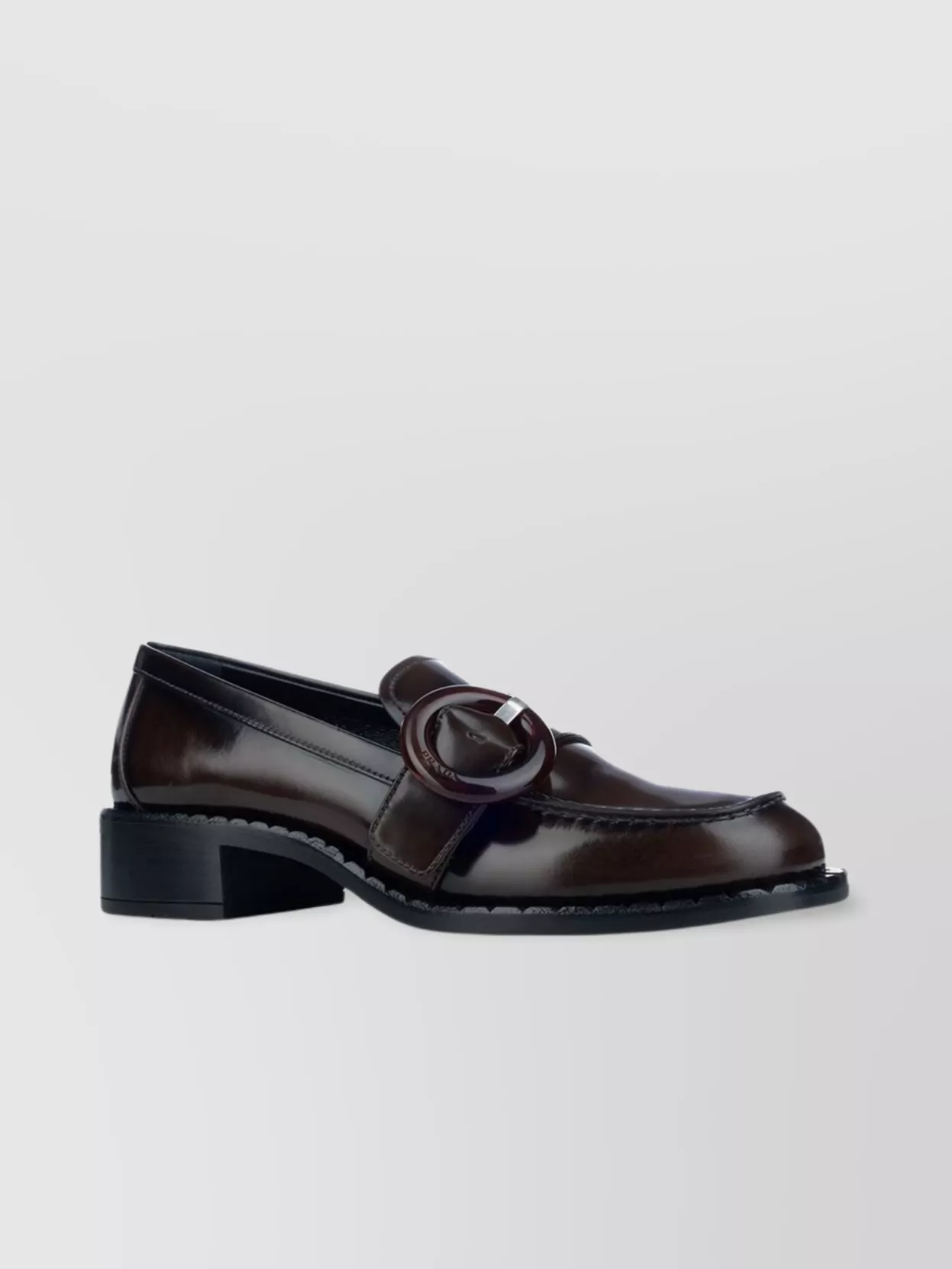 Prada Block Heel Loafers Round Buckle In Brown