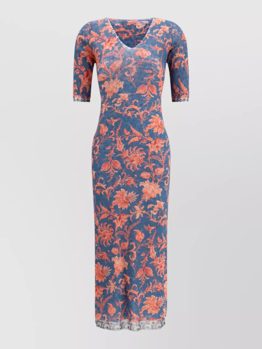 Etro floral-print stretch-tulle v-neck short-sleeve midi dress