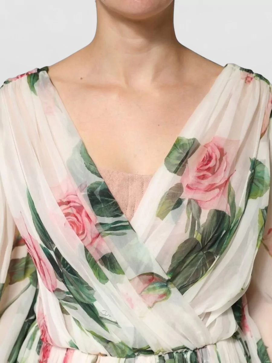 Dolce&Gabbana Silk Floral-Print Wrap Midi Long-Sleeve Dress