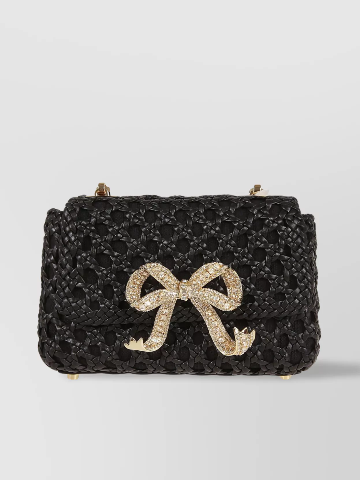 Shop Self-portrait Woven Leather Clutch With Glitter Bow Detail In Brown