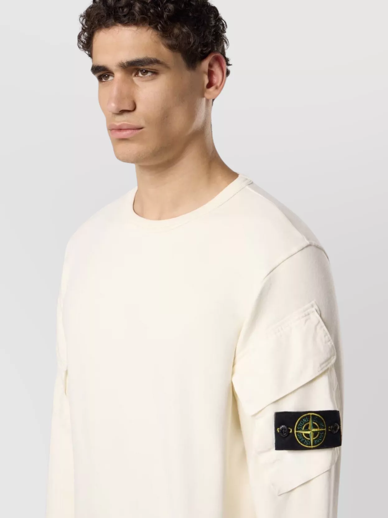 Stone Island White Crewneck Sweater With Logo Patch In Wool Blend Man In Nude