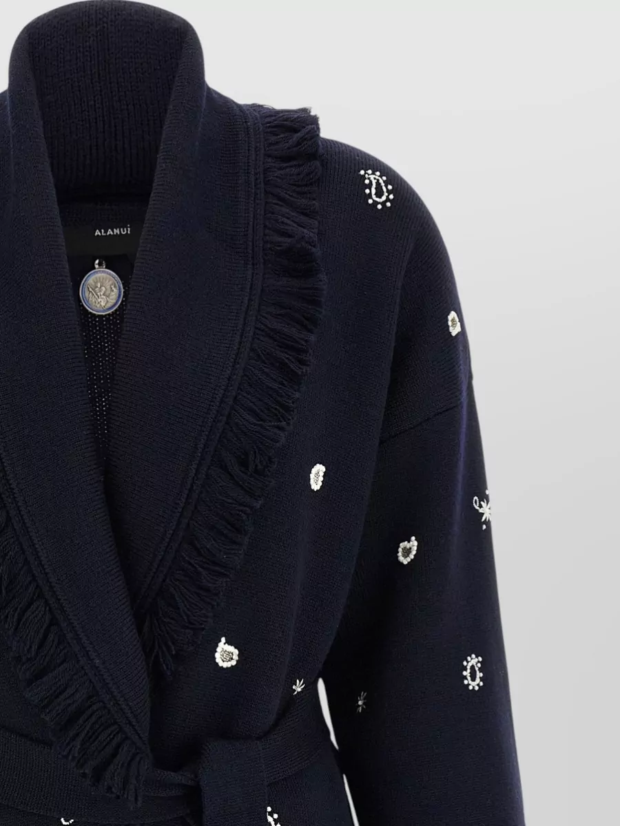 Alanui Virgin Wool Belted Fringed Bandana-Jacquard Cardigan