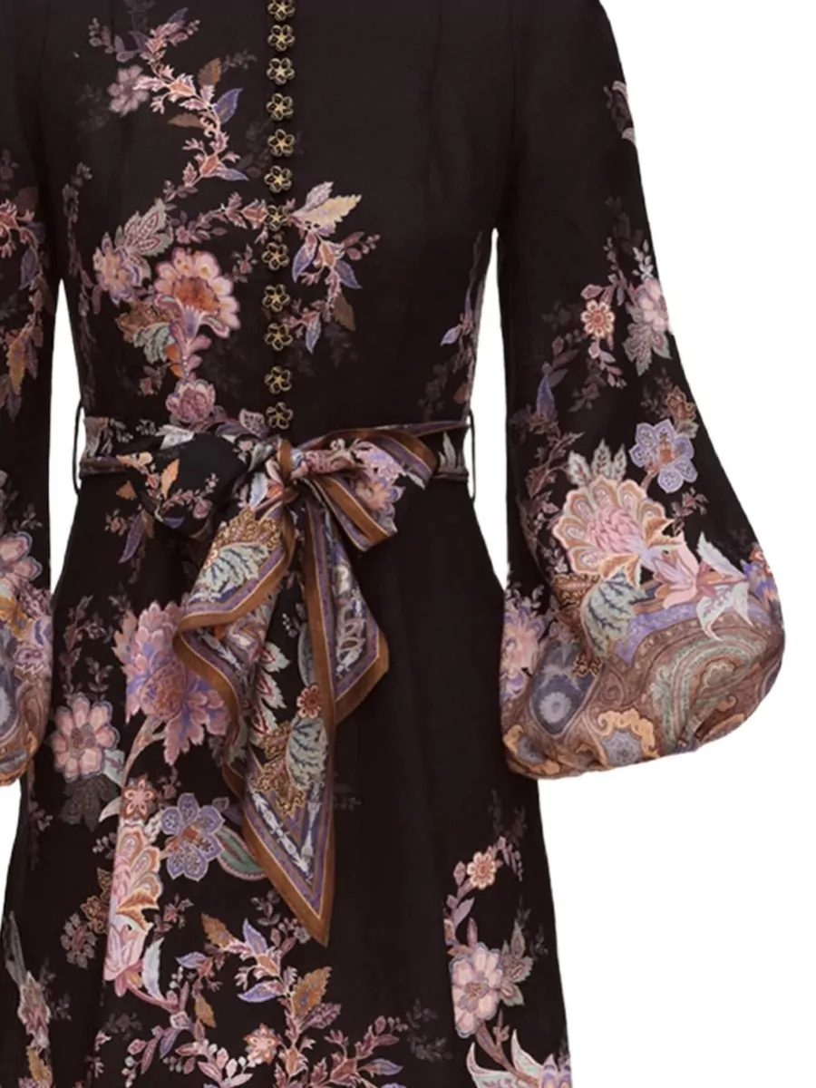 Zimmermann Linen Floral-Print Gathered Long-Sleeve Midi Dress