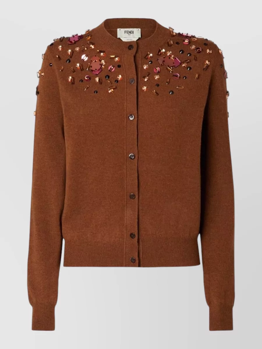 Fendi cashmere wool rhinestone-embellished ribbed crewneck cardigan
