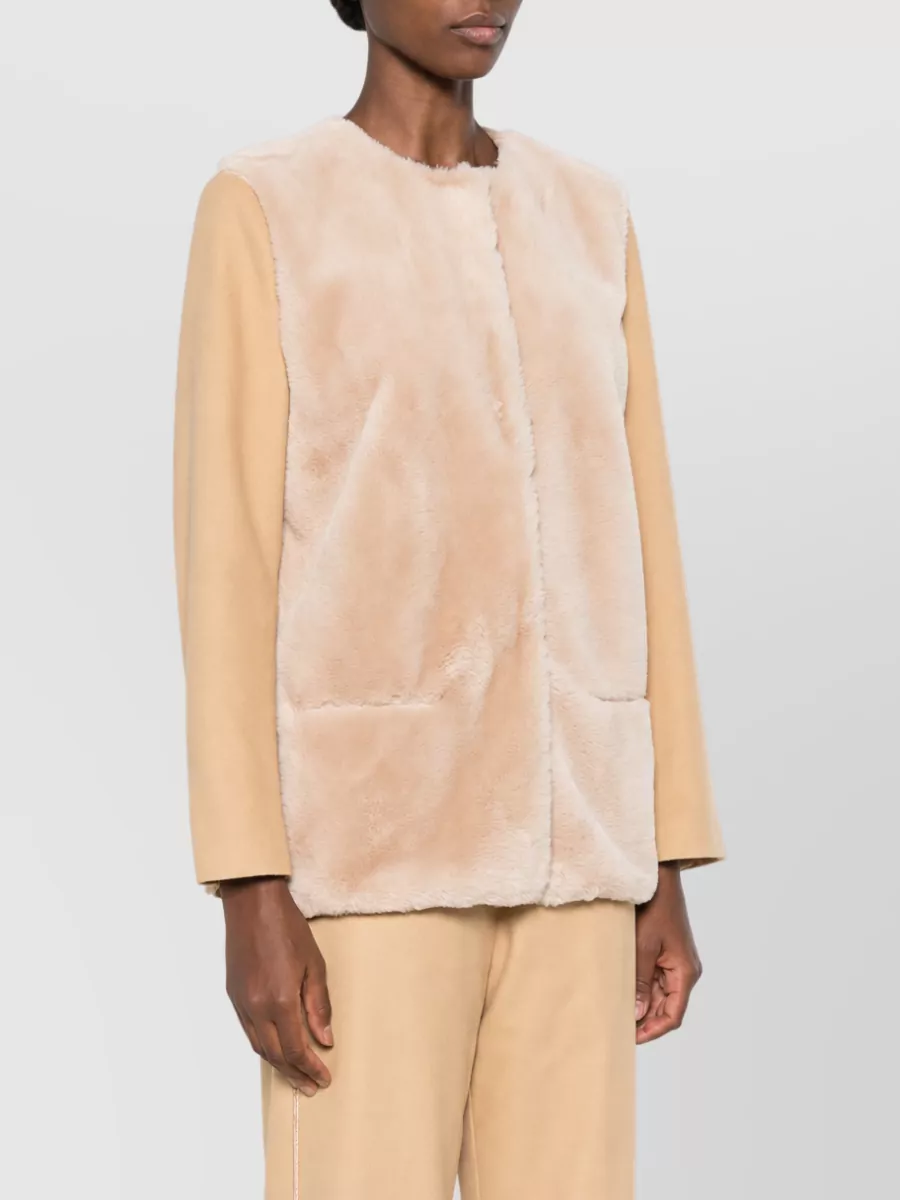 Forte Forte Wool Faux Fur Panel Round Neck Long Sleeve Coat