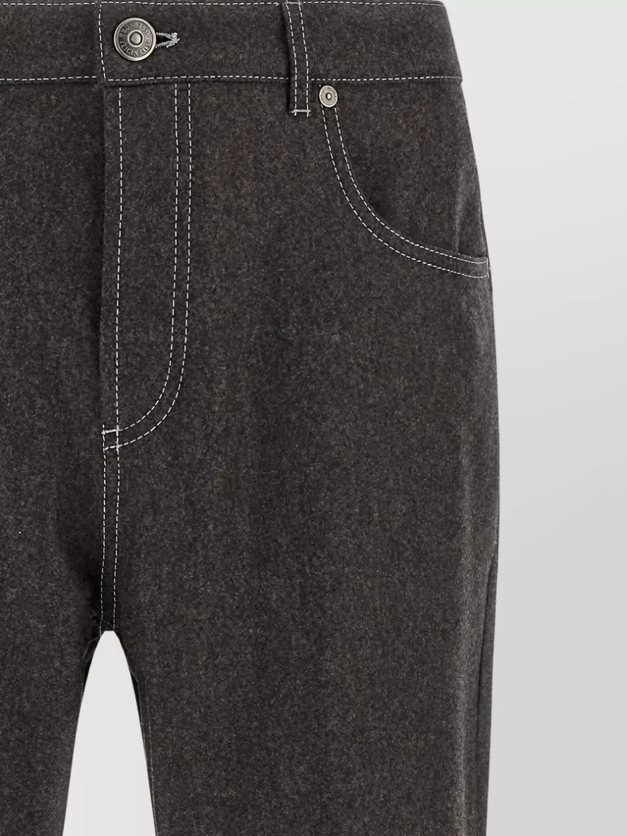 Brunello Cucinelli Virgin wool straight-leg trousers — The felted charcoal five-pocket trouser keeps the preppy, quiet luxury mood of the navy cable knit while adding FW-friendly texture and a clean straight leg that matches its measured formality.