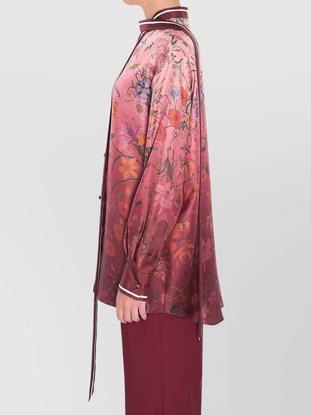 Gucci Silk Shirt With Flora Print And Tie Bow In Brown
